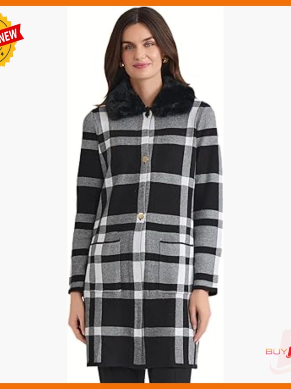Medium Detachable Faux Fur Collar Plaid Cardigan Coat Button Closure